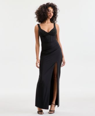 Juniors' Beaded-Bodice High-Slit Gown