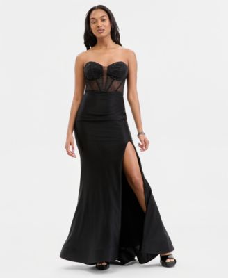 Juniors' Studded Mesh-Bodice Gown 