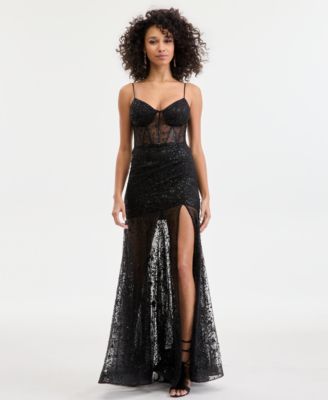 Juniors' Drop-Waist Mesh-Skirt Gown