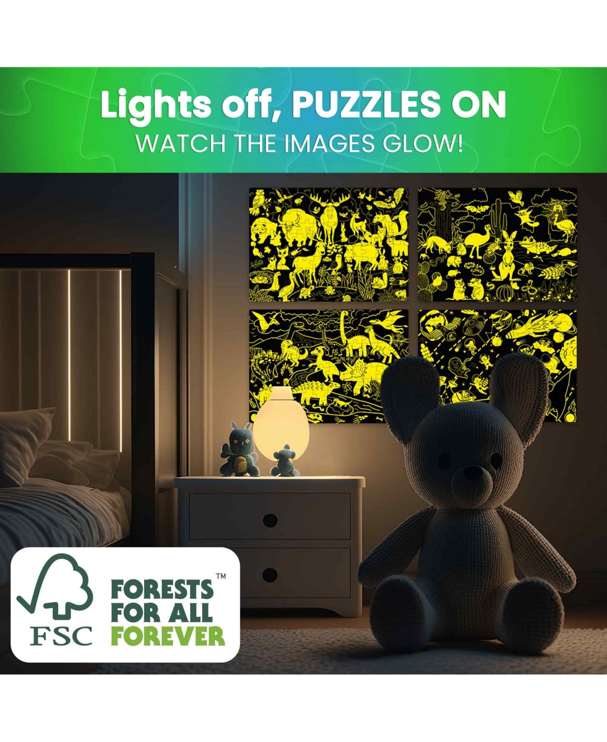 Quokka 4x100 Piece Glow-in-The-Dark Puzzles– Space, Dinosaurs, Animals