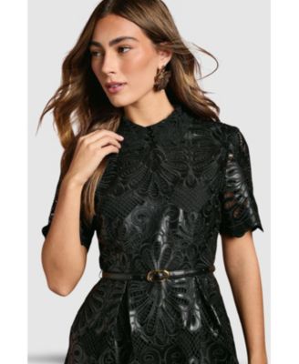 Women's PU Lace Midi Dress With Belt