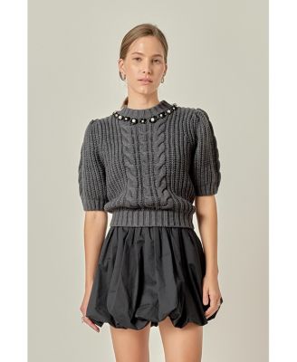 Women's Pearl Embellishment Puff Sleeve Knit Sweatshirts