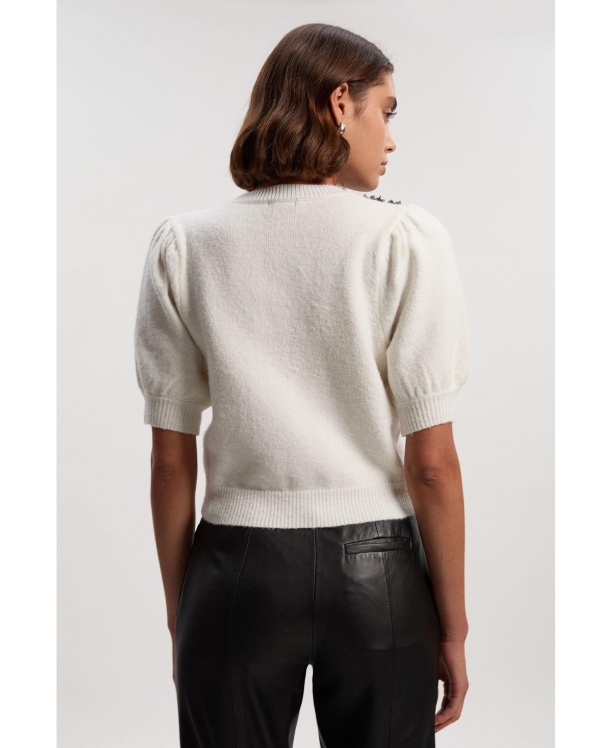 Karen Millen Women's Flower And Beaded Puff Sleeve Knit Tee