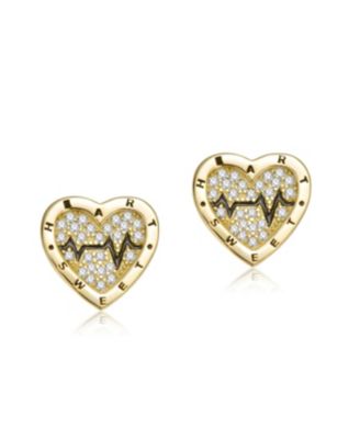 Rachel Glauber 14K Gold Plated with Black Enamel & Clear Cubic Zirconia Heartbeat Stud Earrings