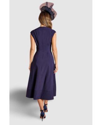 Women's Belted Crepe V-Neck Midi Dress