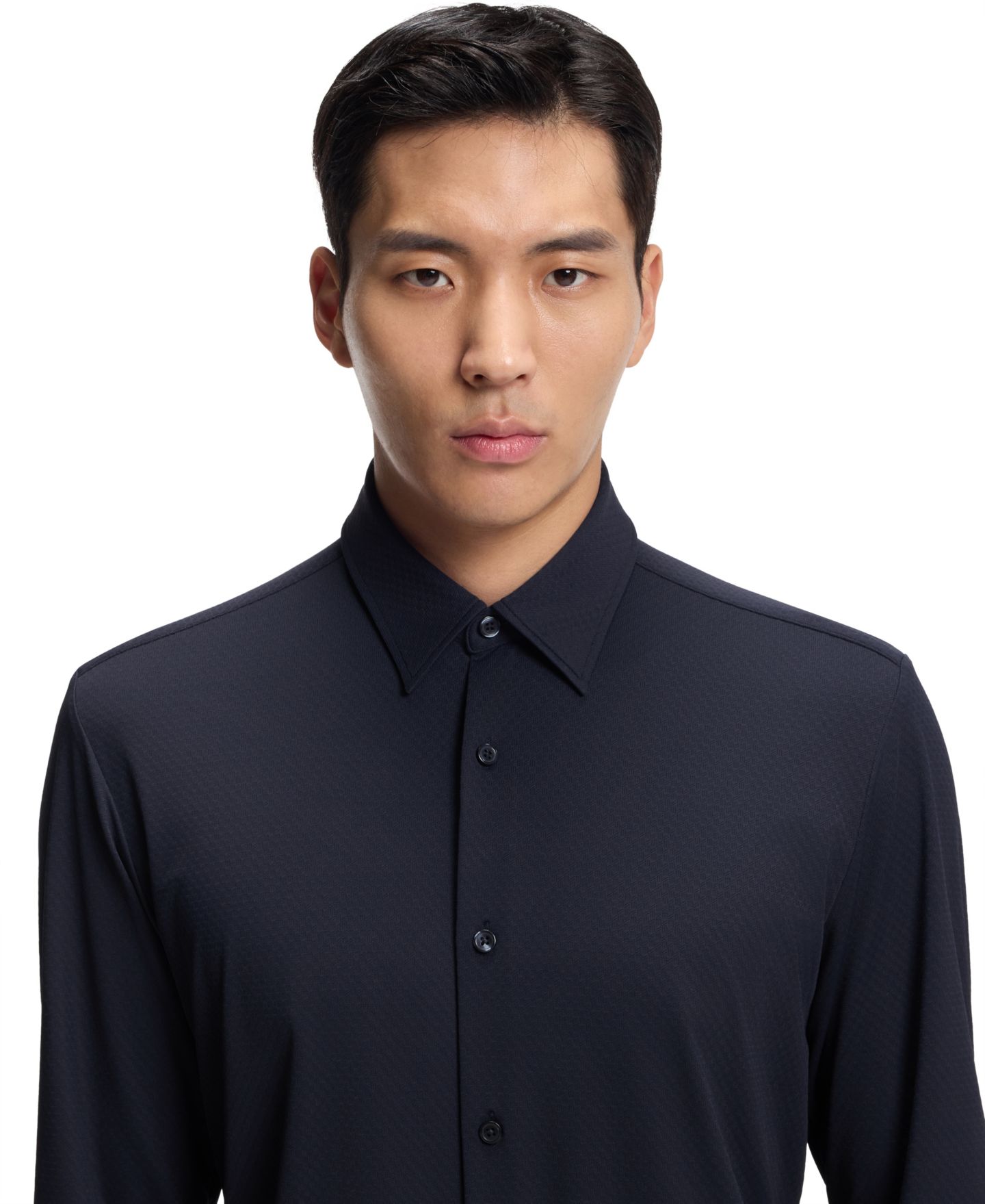 Мужская рубашка Hugo Boss Performance-Stretch Structured Jersey Slim-Fit Dress Shirt, цвет: Тёмный синий — фото 5