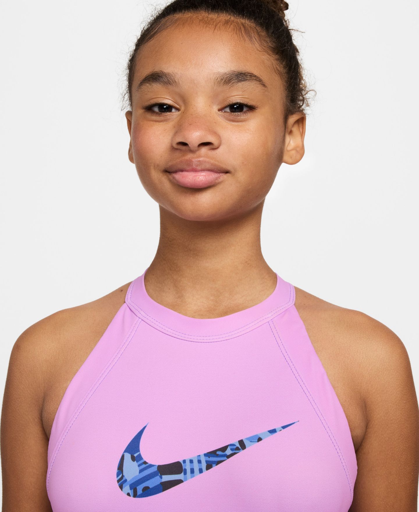 Детский гимнастический купальник Nike Gymnastics с вырезом халтер, 7-16, цвет: Розовый / Синий — фото 3