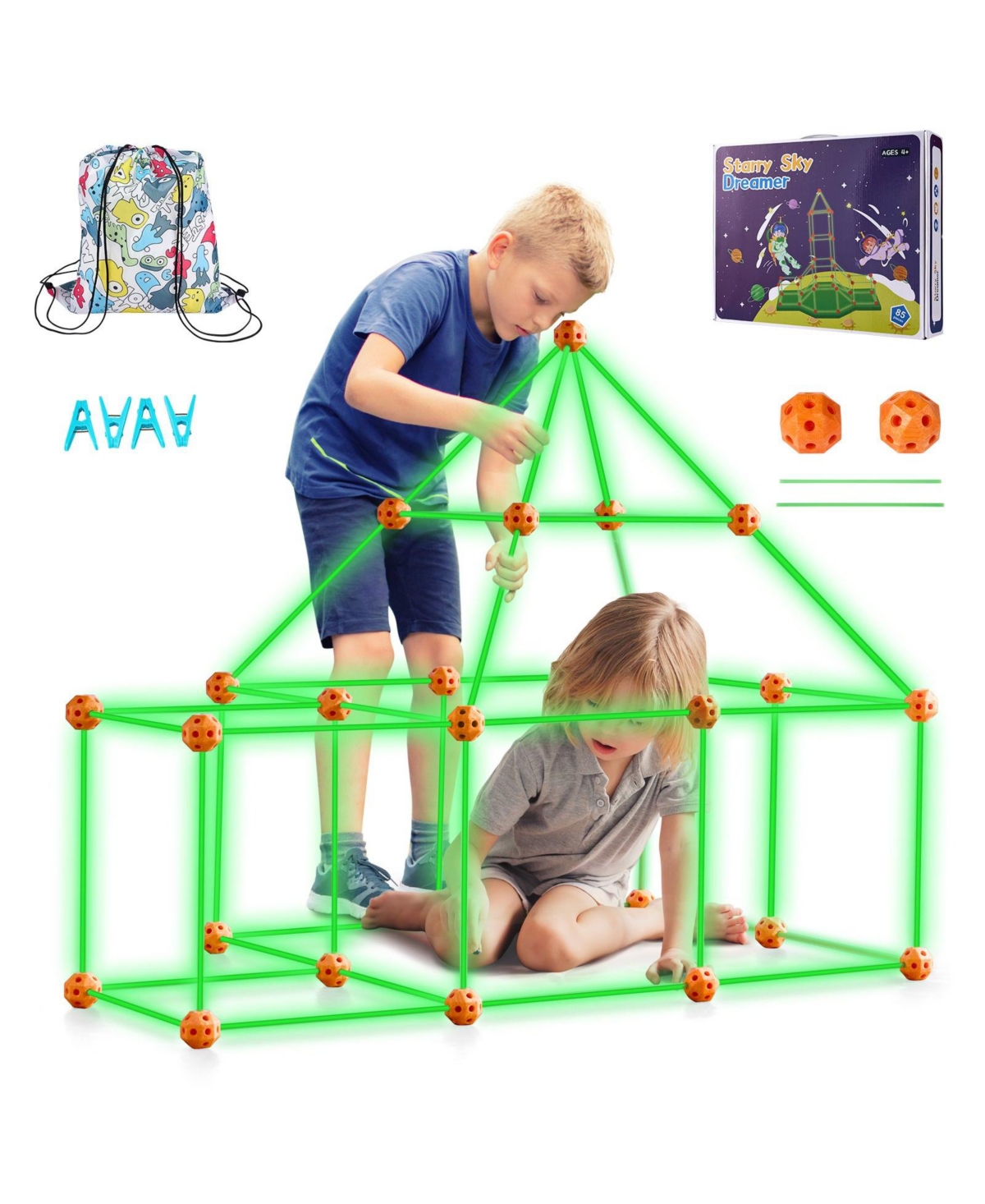 Mecale Fort Building Kit for Kids, 85 Pcs Glow-in-the-Dark Stem Construction Set with 55 Rods & 30 Balls, Educational Toy for Kids 4–8+