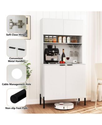 64.5” Kitchen Pantry Cabinet with Charging Station Wine Glass Rack Adjustable Shelf