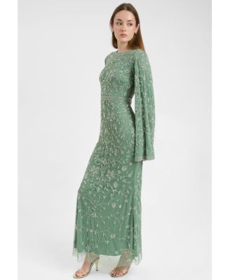 Women's Modest Embellished Sequin Beaded With Sleeves Design Maxi Dress