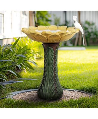 24.4” Tall Outdoor Concrete Bird Bath - Sunflower Birdbath Bowl with Green Leaf Pedestal for Garden, Patio