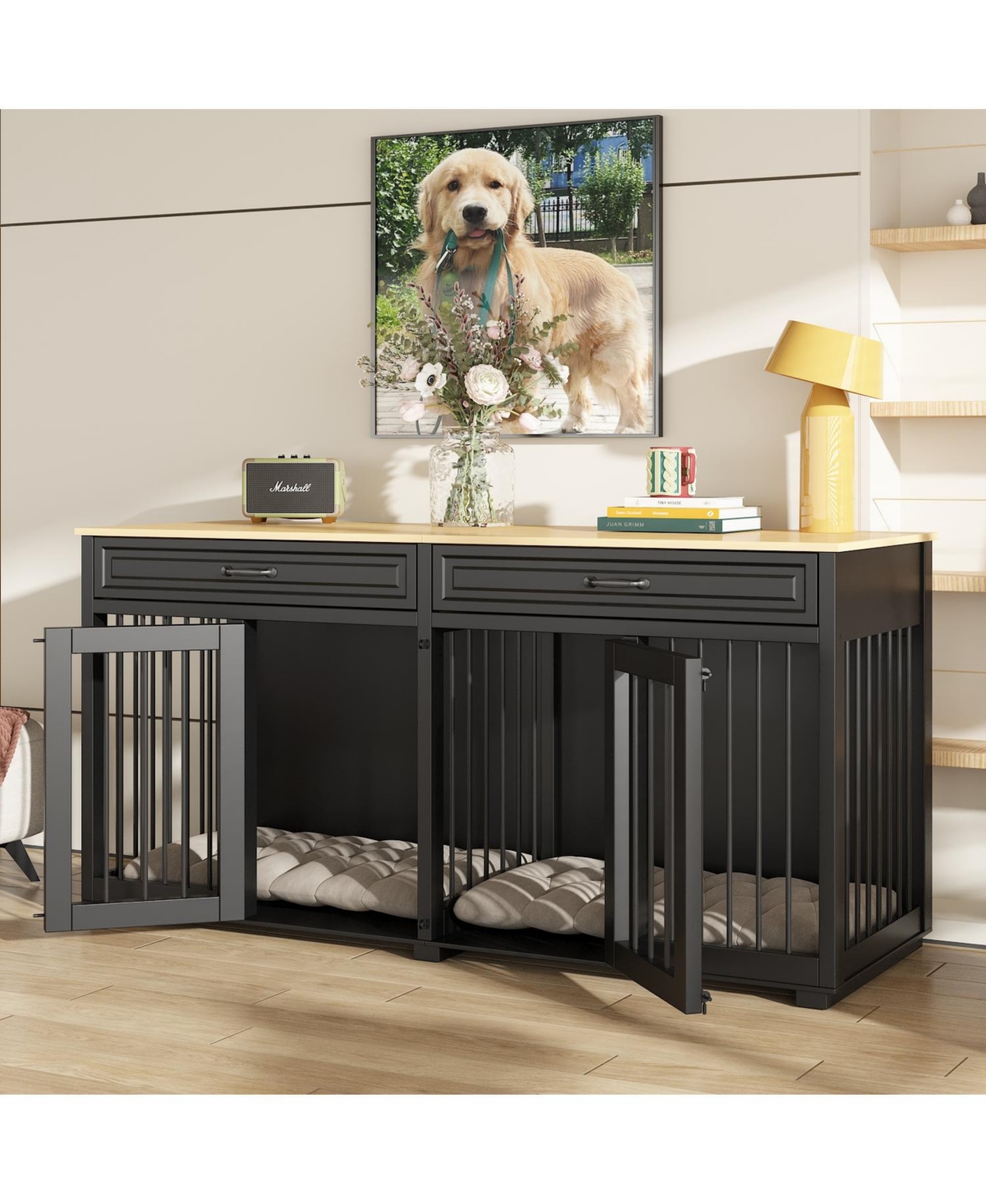 Homsee Indoor Dog Crate Furniture, Dog Cage Kennel with 2-Drawers