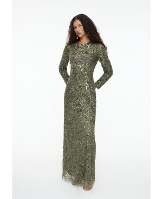 Women's Modest Embellished Sequin Beaded Maxi Dress
