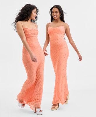 Juniors' Cowl-Neck Beaded Sleeveless Gown 