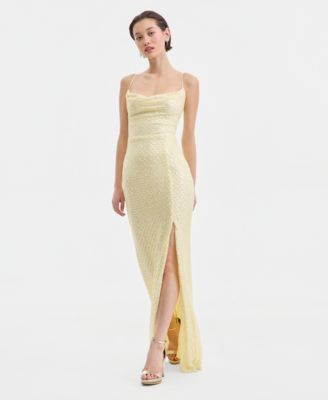 Juniors' Beaded V-Neck Lace-Up-Back Gown 