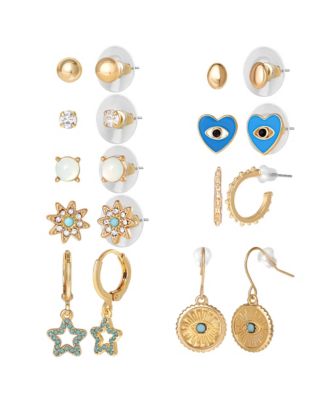 Gold-Tone Evil-Eye, Heart & Star Stud & Hoop Earring Set, 9 Pairs