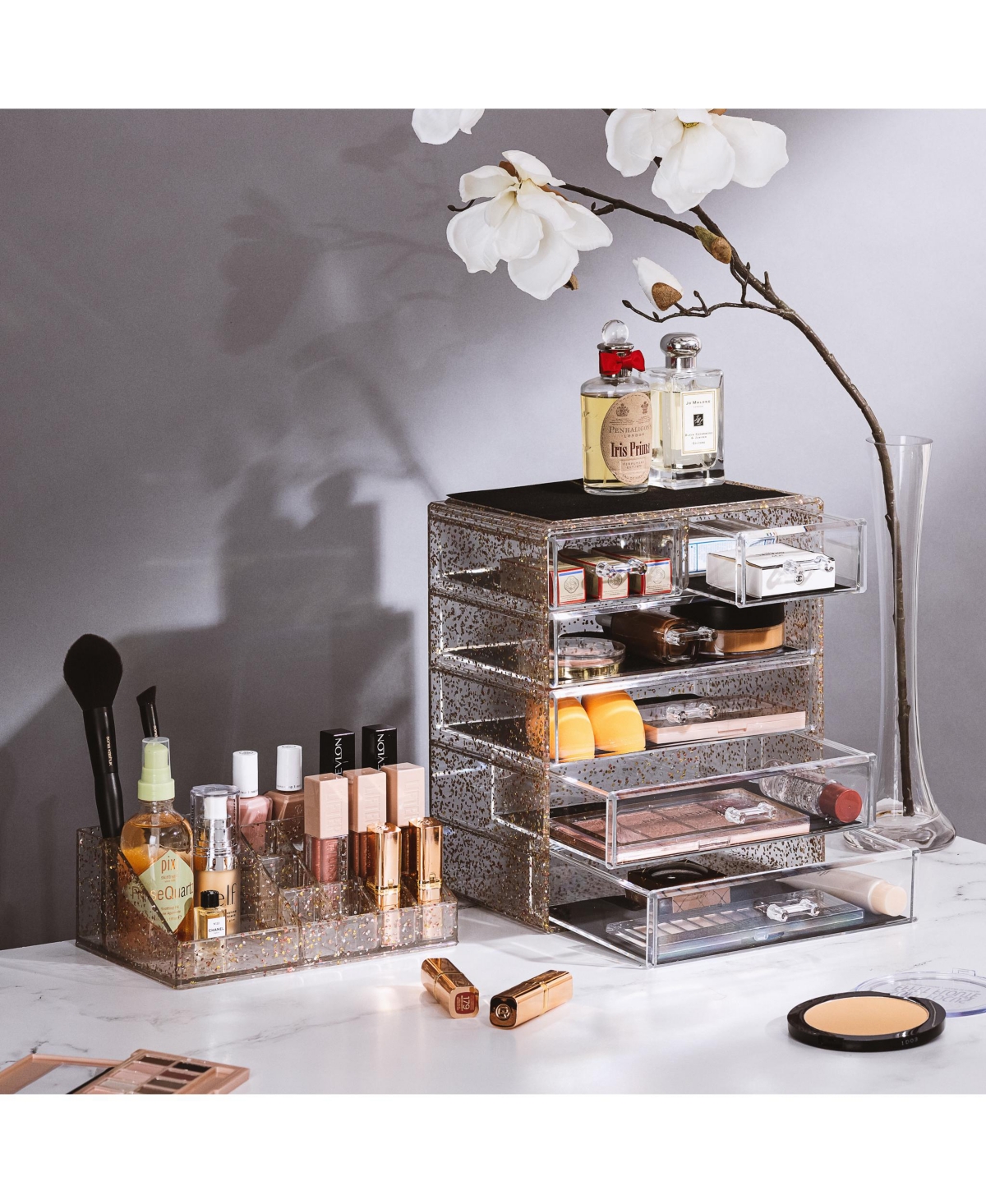 Sorbus 2 Piece Acrylic Makeup and Jewelry Storage Organizer Case (6 Drawers and Lipstick Tray) - Tie Dye Pink