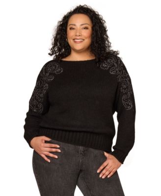 Democracy - Plus Size Embroidered Shoulder Long-Sleeve Sweater