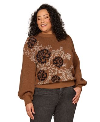 Democracy - Plus Size Floral Placement Detail Long-Sleeve Sweater