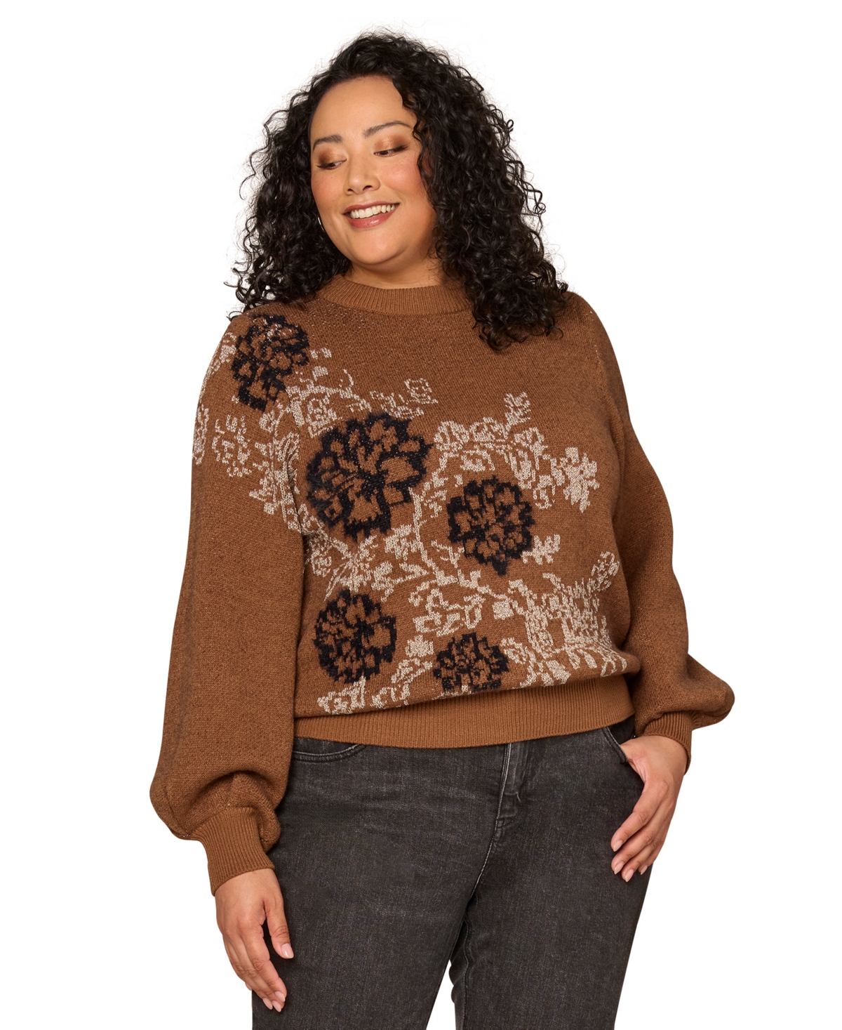 Democracy Plus Floral Placement Detail Long-Sleeve Sweater