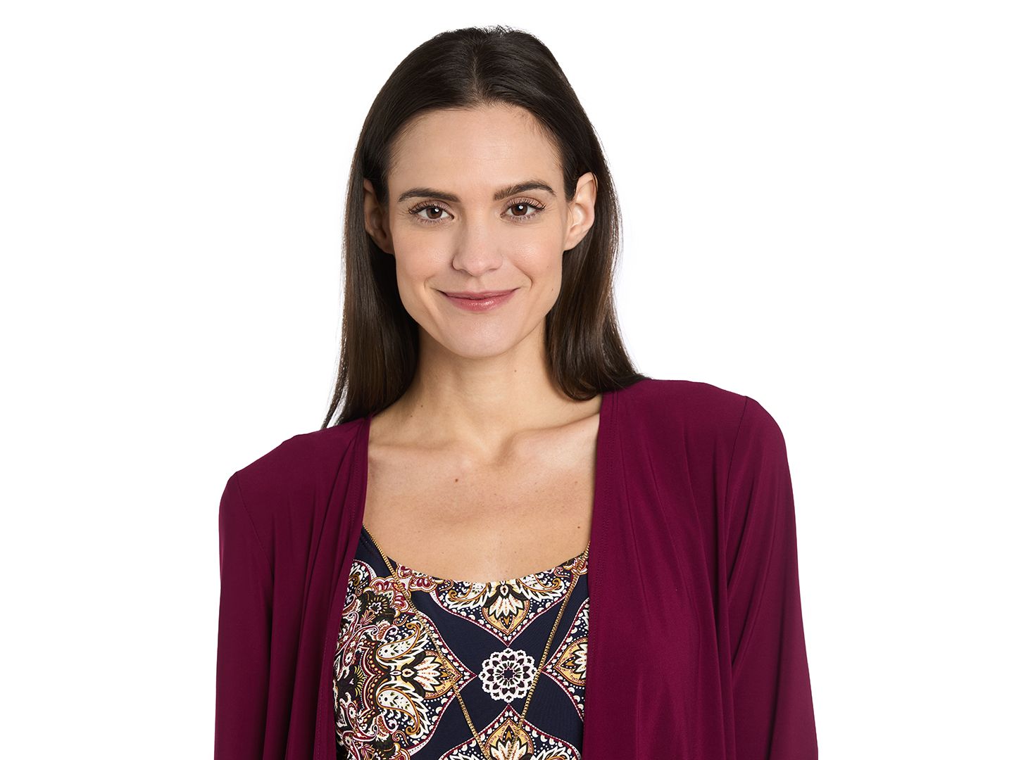Женские платья R & M Richards Printed Interlock Twist Yarn Jacket Dress, 2-Piece Set, цвет: Бордовый / Тёмно-синий — фото 4