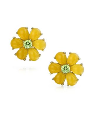 Set of 2 Garden Flower Jade Yellow Stud & Aqua Clip-On Earrings Green CZ Center Gold Plated Silver