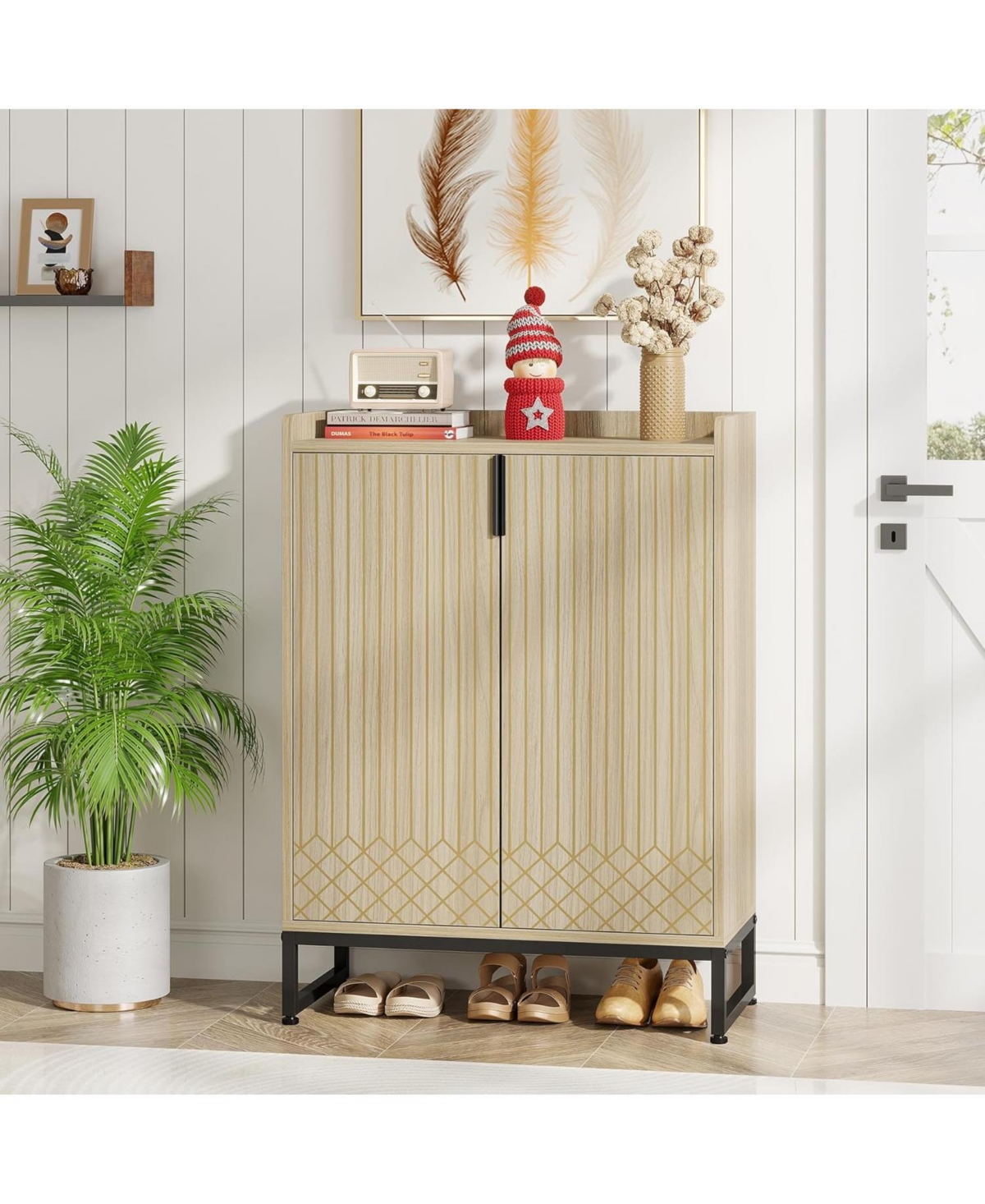 Tribesigns Shoe Cabinet with Doors,Natural 5 Tiers Shoe Storage Cabinet for Entryway, 25 Pairs Wooden Shoe Rack Cabinet