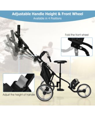 3 Wheels Folding Golf Push Cart with Seat Scoreboard and Adjustable Handle-Gray