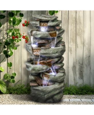 40.5” High Rocks Outdoor Water Fountain - 6-Tiers Cascading Waterfall with LED Lights, Soothing Tranquility for Home Garden, Yard Decor