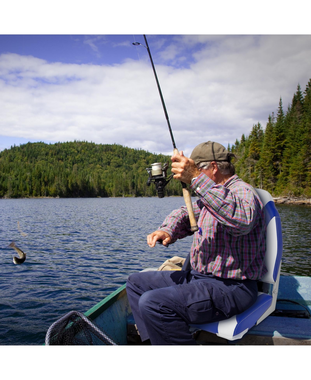 Sugift High Back Folding Boat Seat with Blue White Sponge Cushion and Flexible Hinges