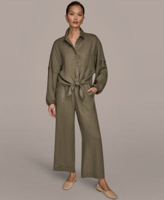 Women's Long Blouson Sleeve Button Adjustable Tie Shirt