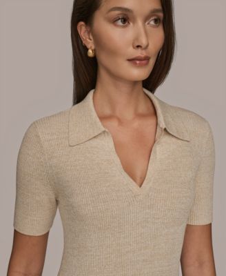 Women's Collared V-Neck Short-Sleeve Sweater