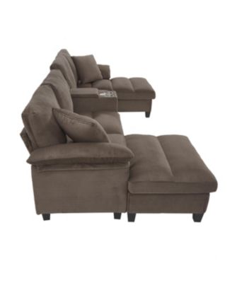  Modern U-shaped Corduroy Sofa with Storage, Cup Holders & USB Ports