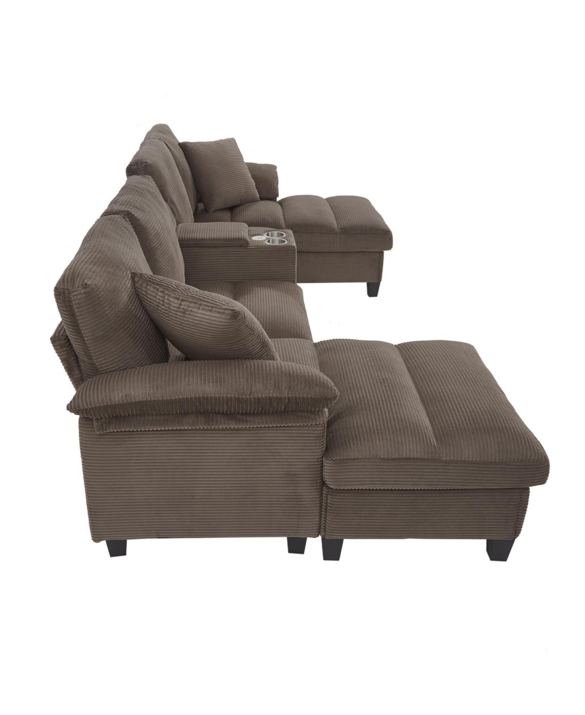 Streamdale Furniture Modern U-shaped Corduroy Sofa with Storage, Cup Holders & Usb Ports, Black