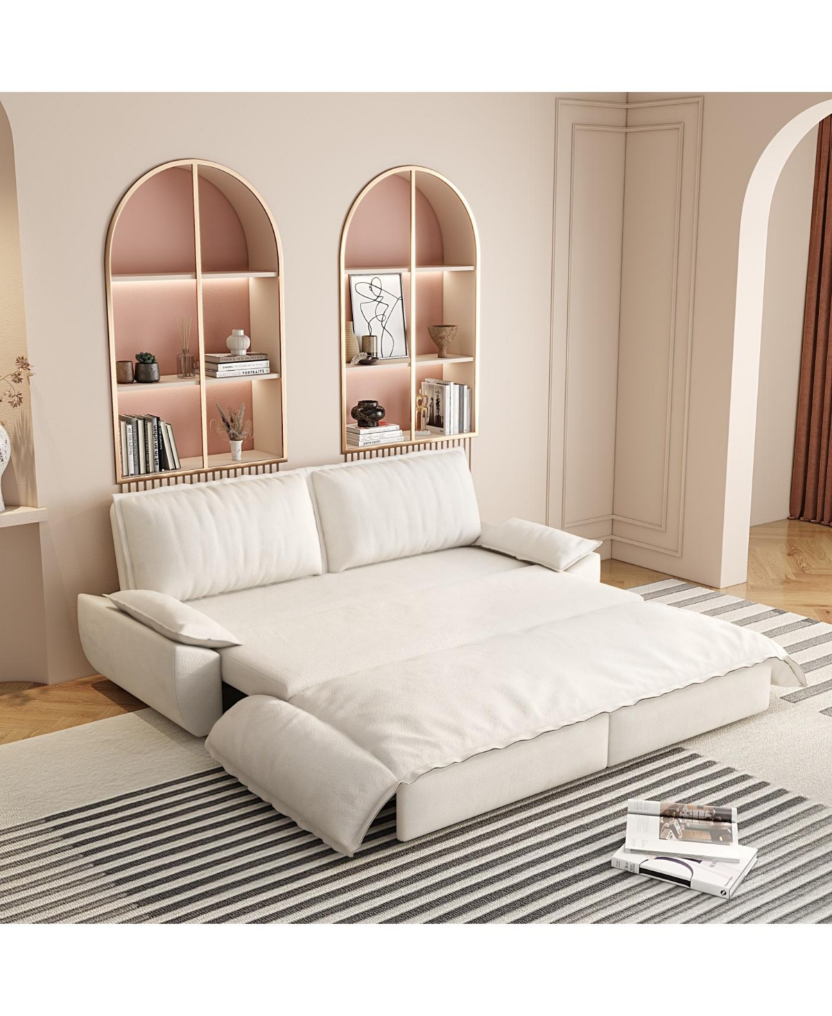 Streamdale Furniture Streamdale Queen Pull Out Sofa Bed, 3-in-1 Convertible Sleeper Sofa, Velvet Loveseat Bed, Beige/White