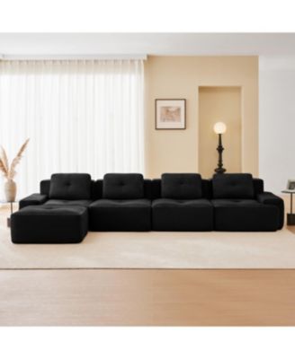  Modern L-Shaped Corduroy Sectional Sofa with Movable Ottoman - Black