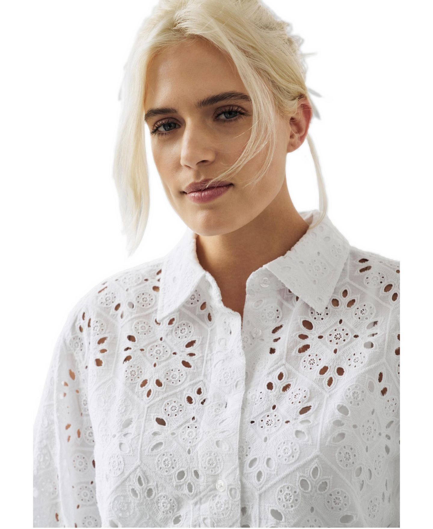 Женская рубашка ellos Plus Size Eyelet Button Front With Blouson Sleeves, цвет: Белый — фото 3