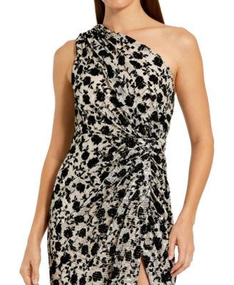 Women's One Shoulder Sequin Gown with Floral Velvet Detail