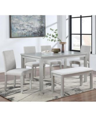 6-Piece Silver Grey Crystal Accent Wood Dining Set with Rectangular Table 4 Upholstered Chairs and Bench