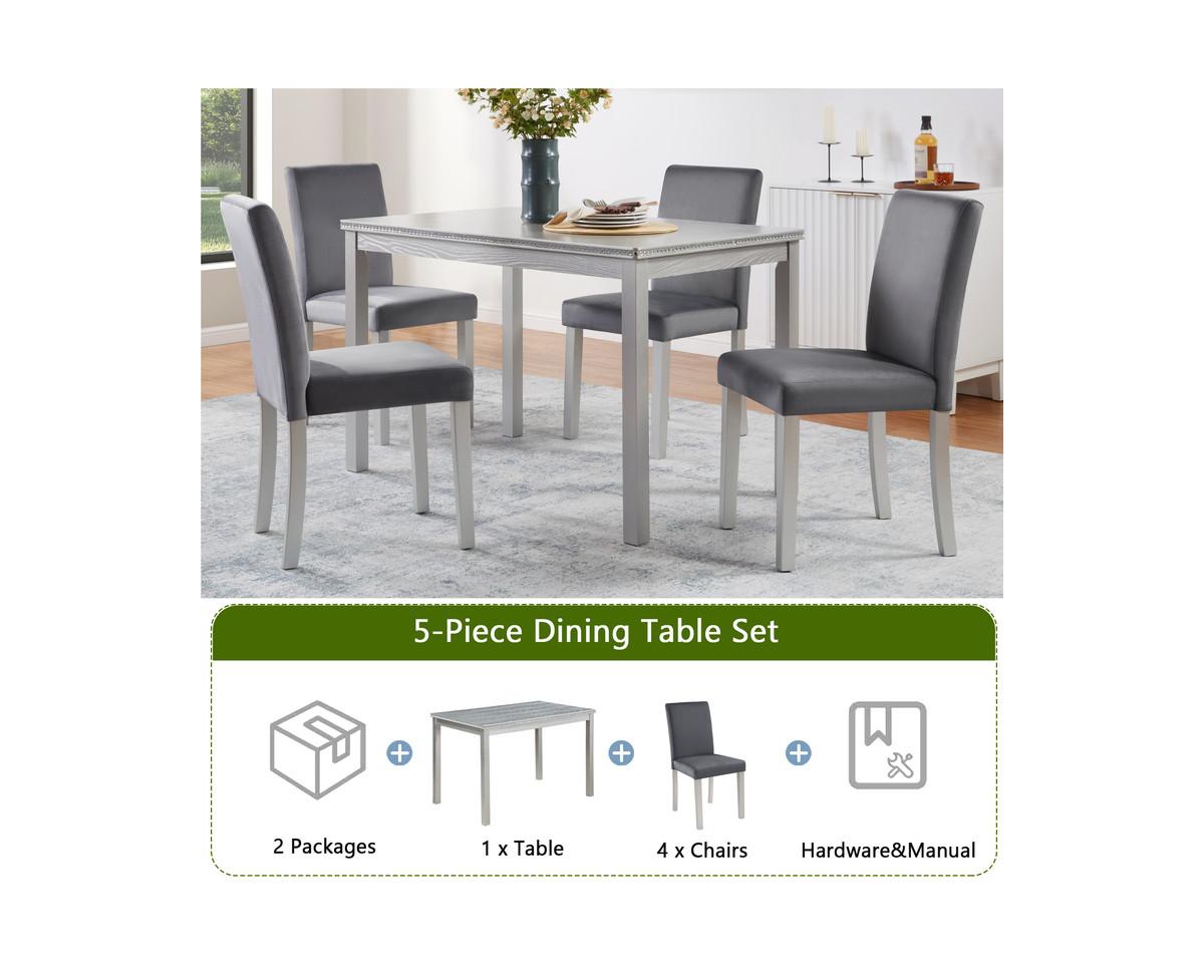 sumyeg 5-Piece Silver Grey Crystal Accent Wood Dining Set with Rectangular Table and 4 Upholstered Chairs