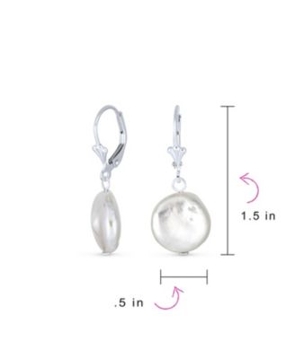 Baroque Irregular Round Coin Shaped White Biwa Pearl Dangle Earrings Sterling Silver Lever back