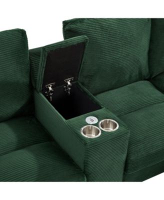  Modern U-shaped Corduroy Sofa with Storage, Cup Holders & USB Ports