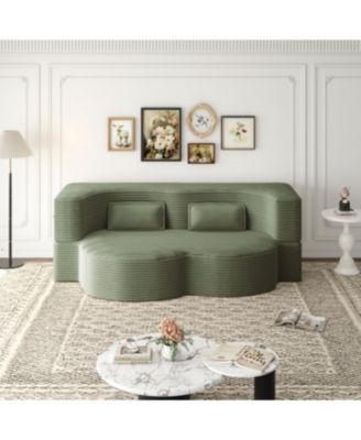Streamdale Modern Floor Sofa with 2 Pillows, Convertible Plush Corduroy Sleeper Sofa Bed, Green