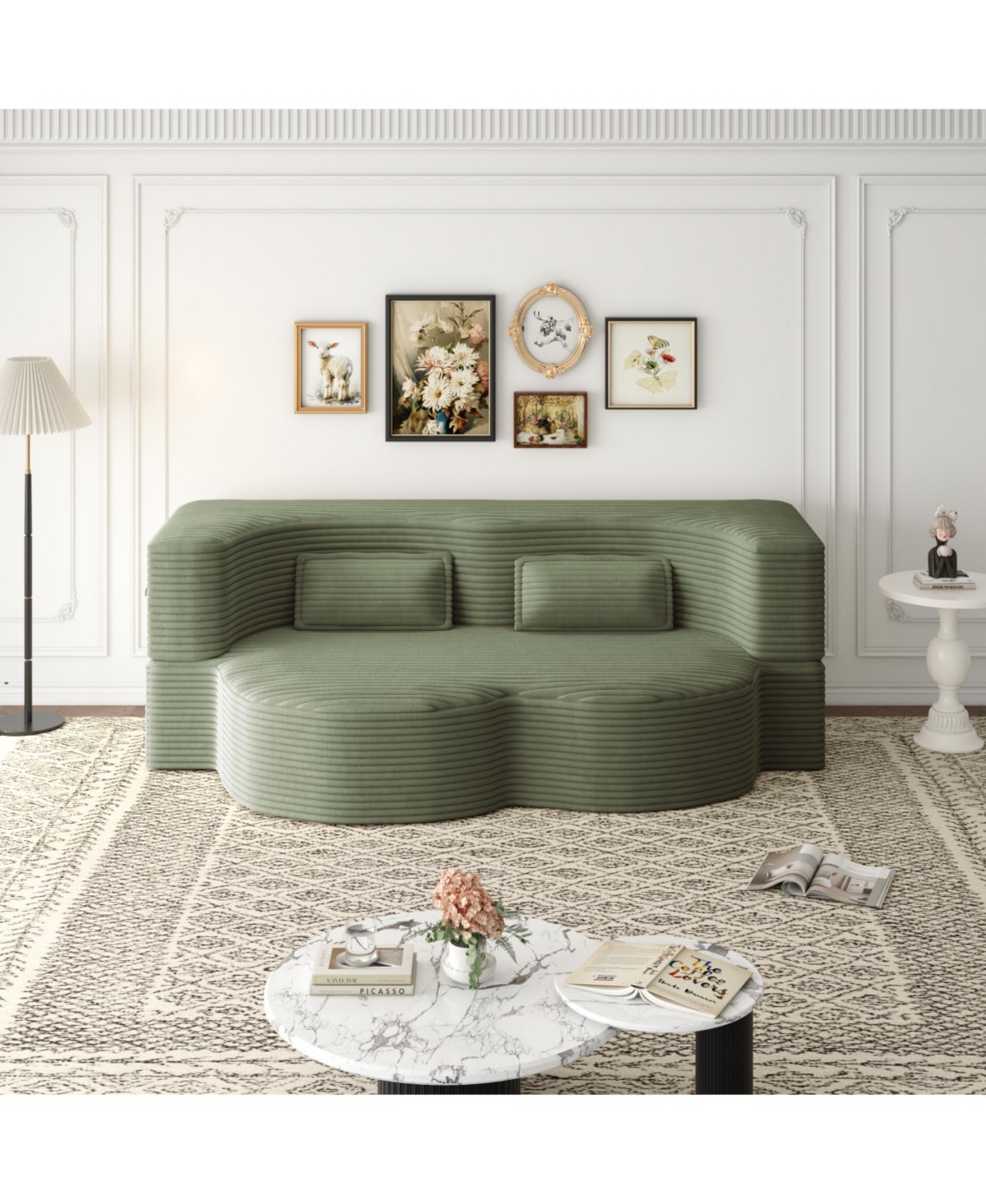 Streamdale Furniture Streamdale Modern Floor Sofa with 2 Pillows, Convertible Plush Corduroy Sleeper Sofa Bed