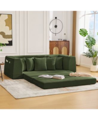 Corduroy Convertible Sofa Bed Loveseat Sleeper with 5 Pillows, Green
