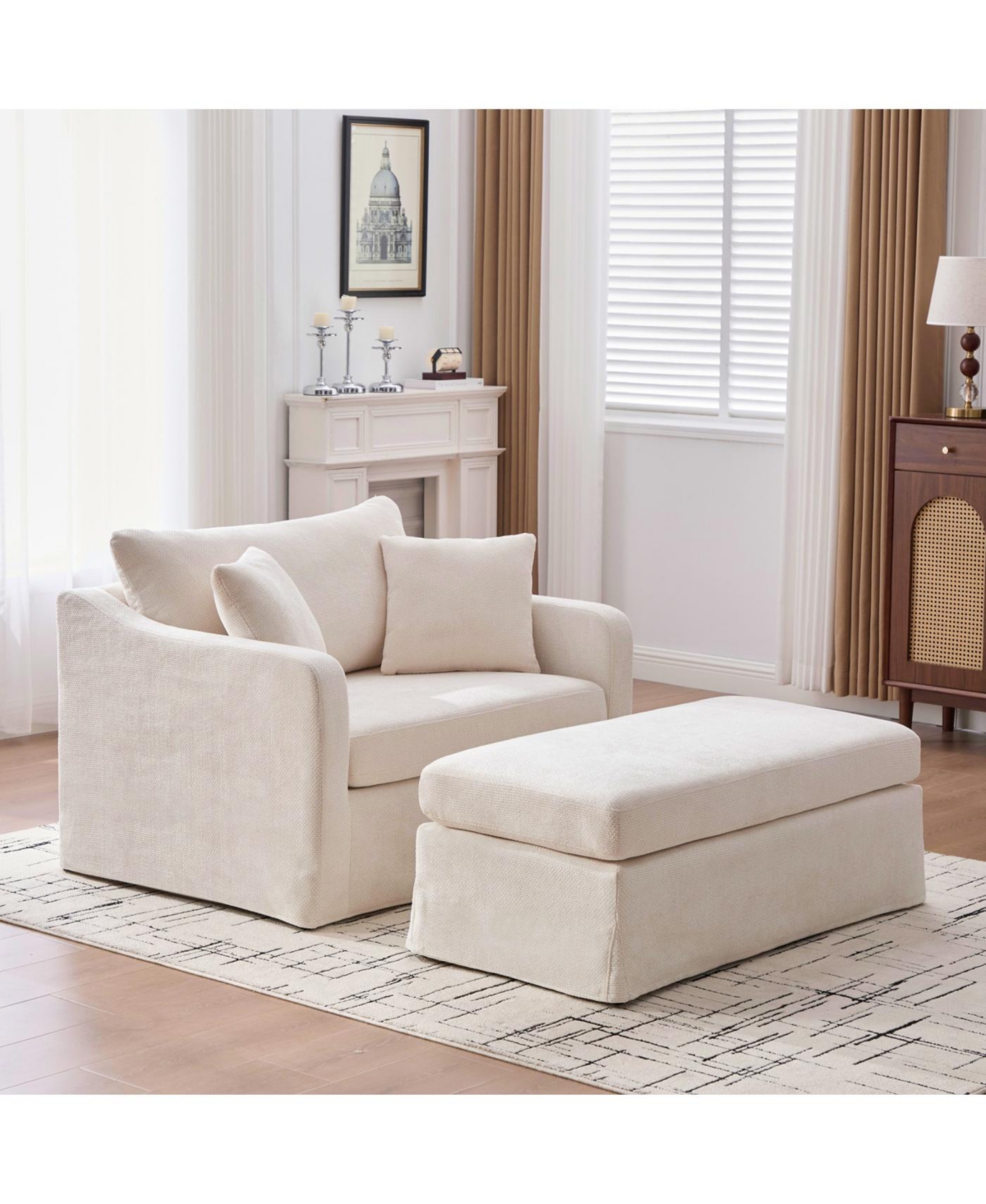 Streamdale Modern Upholstered Farmhouse Chair & Ottoman Set, Beige