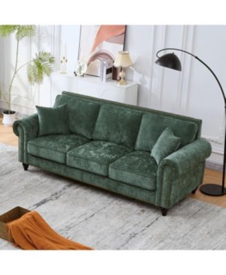 86" Modern Chenille 3-Seater Sofa with Rolled Arms & Wood Legs (Green