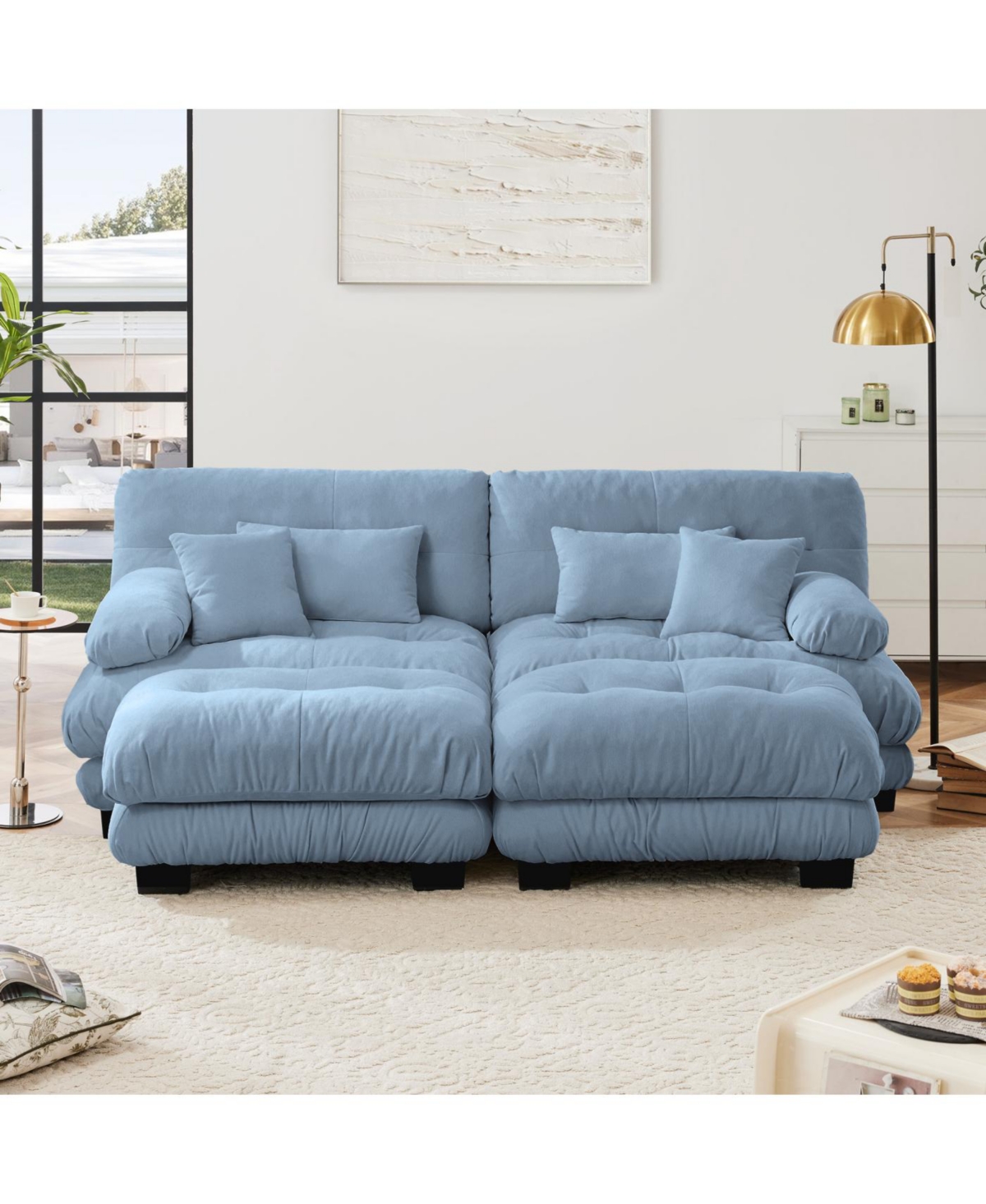 Streamdale Furniture Streamdale Cloud Couch Sleeper Sofa, Chenille 2 Seater Sofa with Ottomans & Pillows, Blue