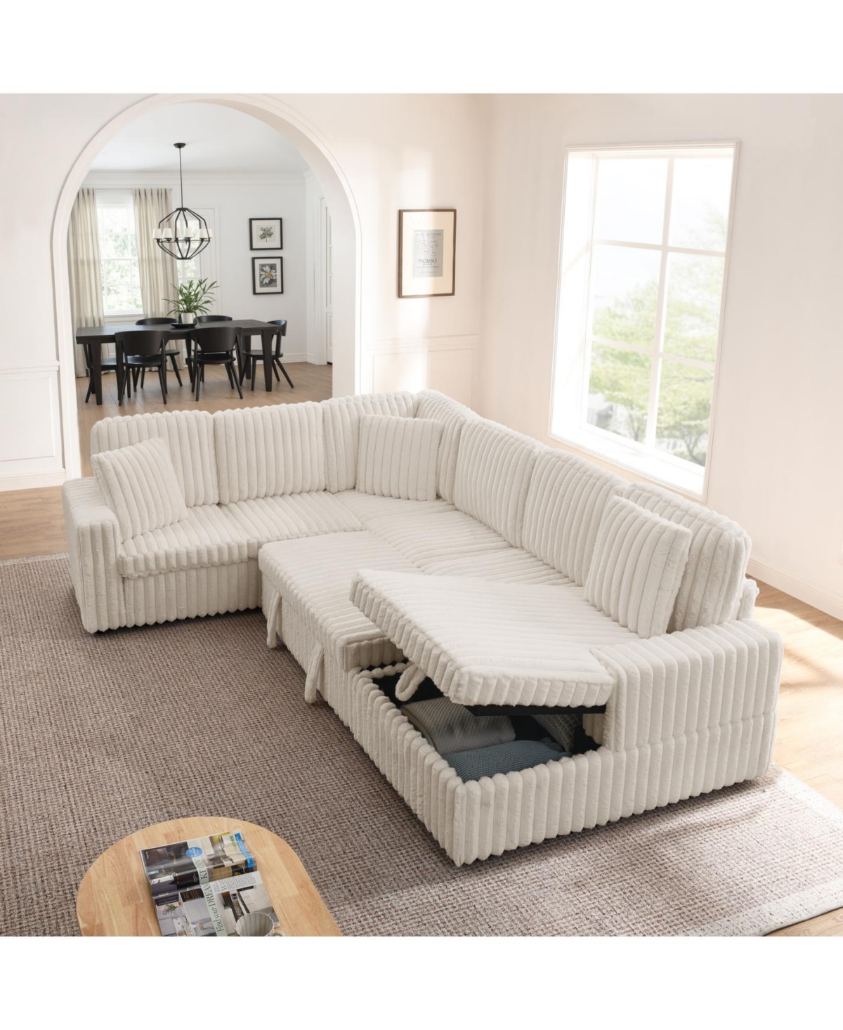 Streamdale Furniture Streamdale Beige Corduroy Striped U-shaped Sofa with Pull-out Bed & Storage Chaise