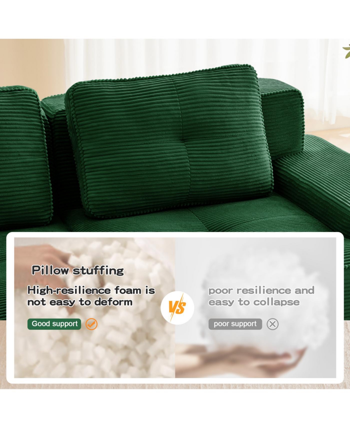 Streamdale Furniture Modern L-Shaped Corduroy Sectional Sofa with Ottoman, Green